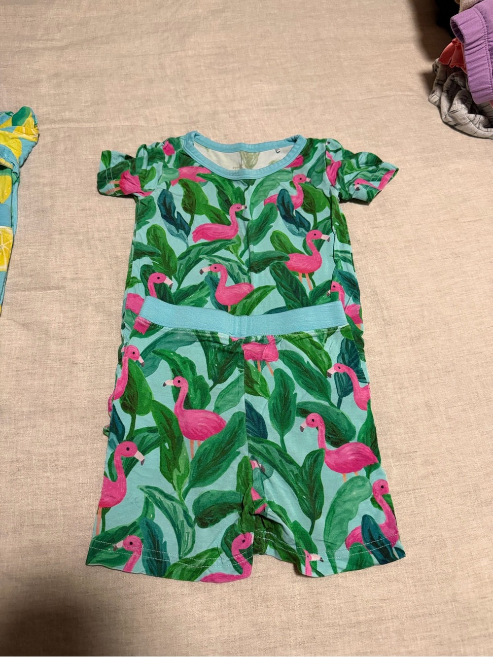 Little Sleepies Pink Flamingo Print Romper - Teal Green 18-24 months